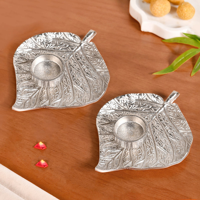 Zen Glow Aluminium Leaf Tealight And Agarbatti Holder Set Of 2
