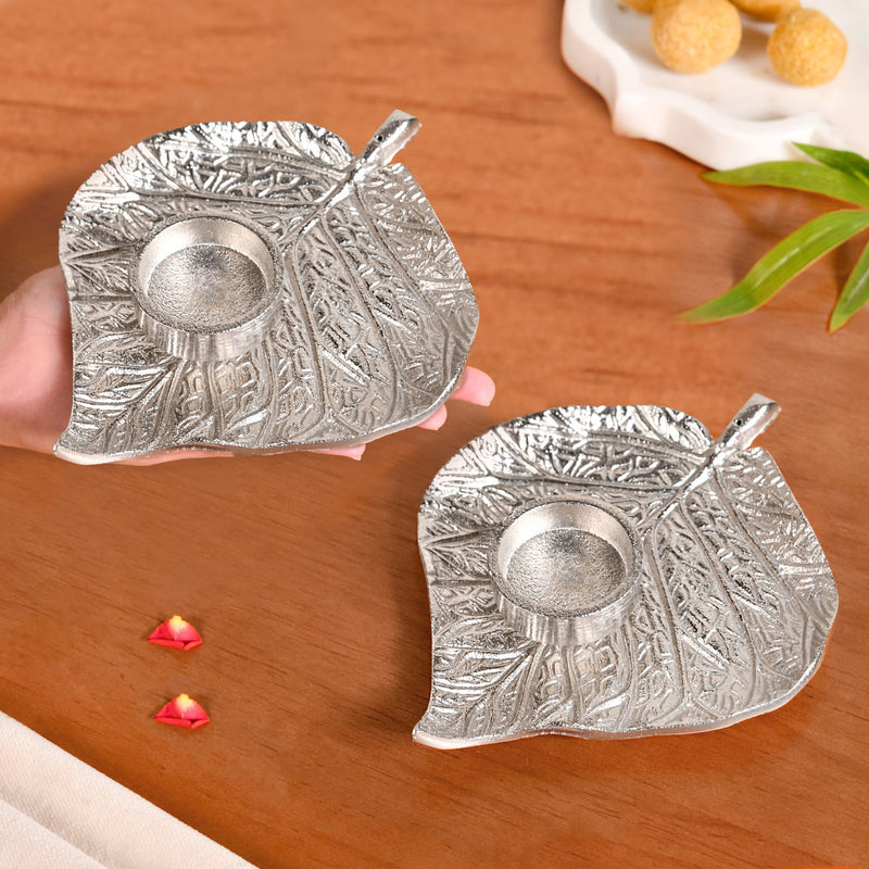Zen Glow Aluminium Leaf Tealight And Agarbatti Holder Set Of 2