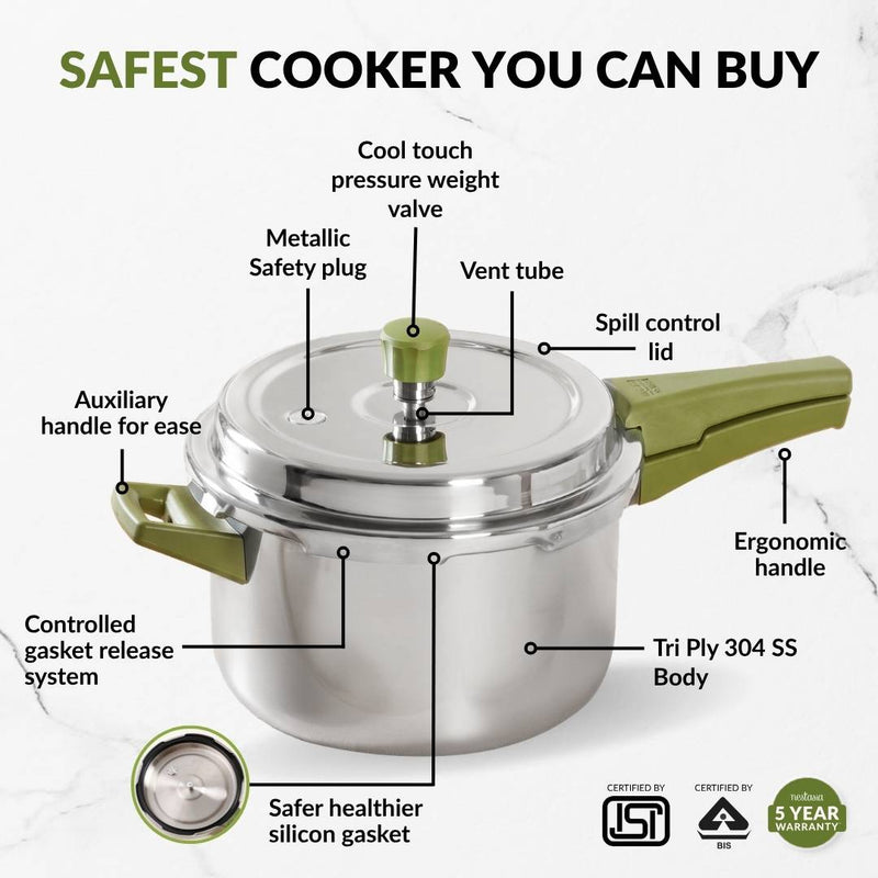 Zesta Triply Stainless Steel Induction Safe Pressure Cooker 5 Litre Spill Safe Lid