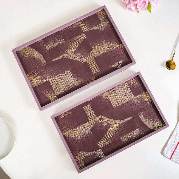 Modern Abstract Art Tray Set Of 2 Purple Matte Gold
