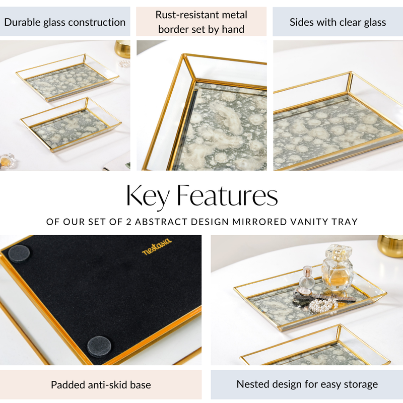 Abstract Design Printed Glass Vanity Tray Set Of 2- Decorative tray, glass tray, trinket tray, gold tray, mirror tray, coffee table tray