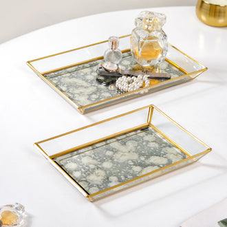 Abstract Design Printed Glass Vanity Tray Set Of 2- Decorative tray, glass tray, trinket tray, gold tray, mirror tray, coffee table tray