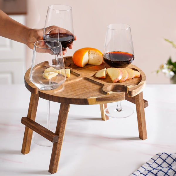 Acacia Wood Wine And Cheese Serving Tray Table