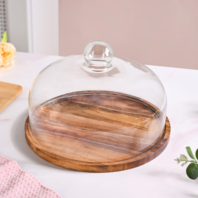 Acacia Wood Dessert Tray With Glass Cloche