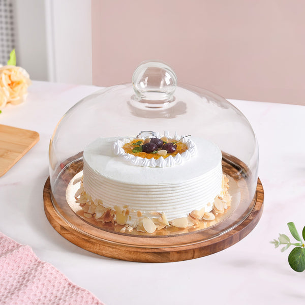Acacia Wood Dessert Stand With Glass Cloche 26cm