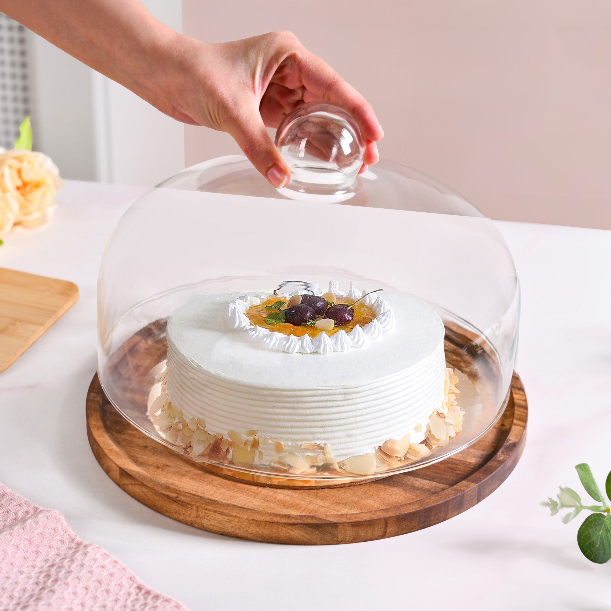 Acacia Wood Dessert Stand With Glass Cloche 26cm