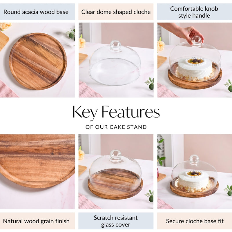 Acacia Wood Dessert Tray With Glass Cloche