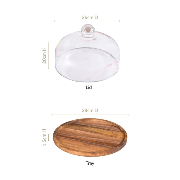 Acacia Wood Dessert Stand With Glass Cloche 26cm