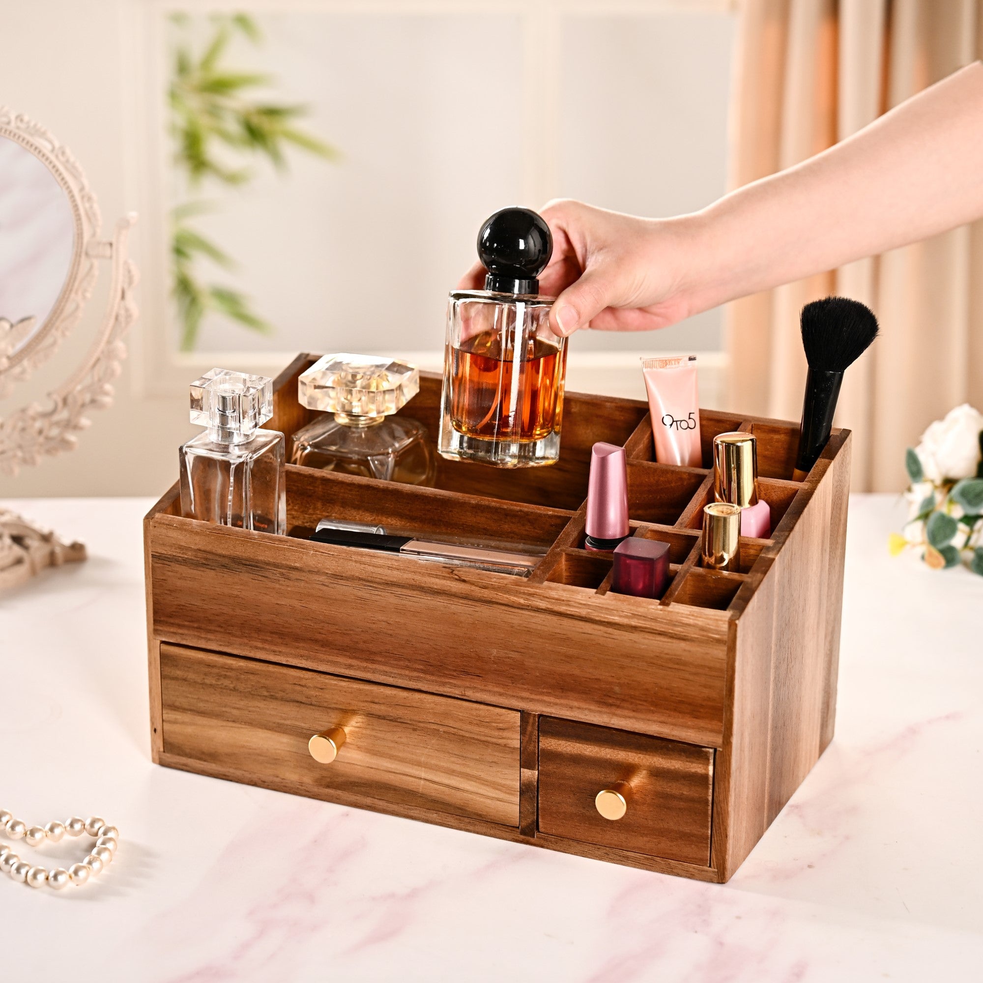 Acacia Wood Makeup Organiser Box For Dressing Table Online