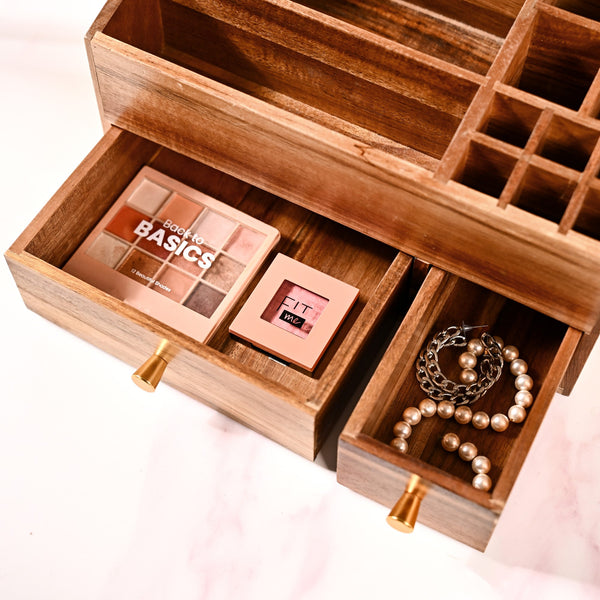 Acacia Wood Makeup Organiser Box For Dressing Table