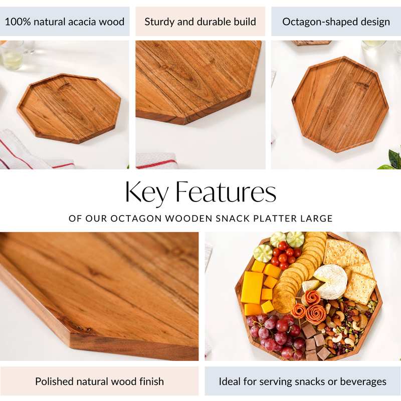 Octagon Wooden Snack Platter Large - Wooden platter, serving platter, platter for snacks, cheese and cracker tray, wooden serving platter