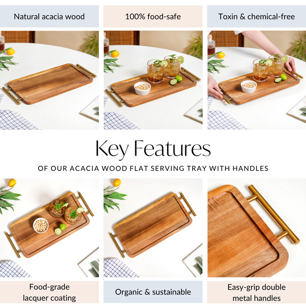 Acacia Wood Flat Serving Tray With Handles