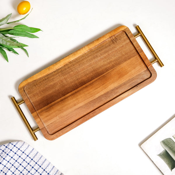 Acacia Wood Flat Serving Tray With Handles