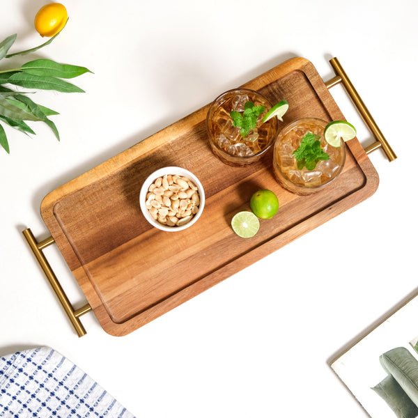 Acacia Wood Flat Serving Tray With Handles