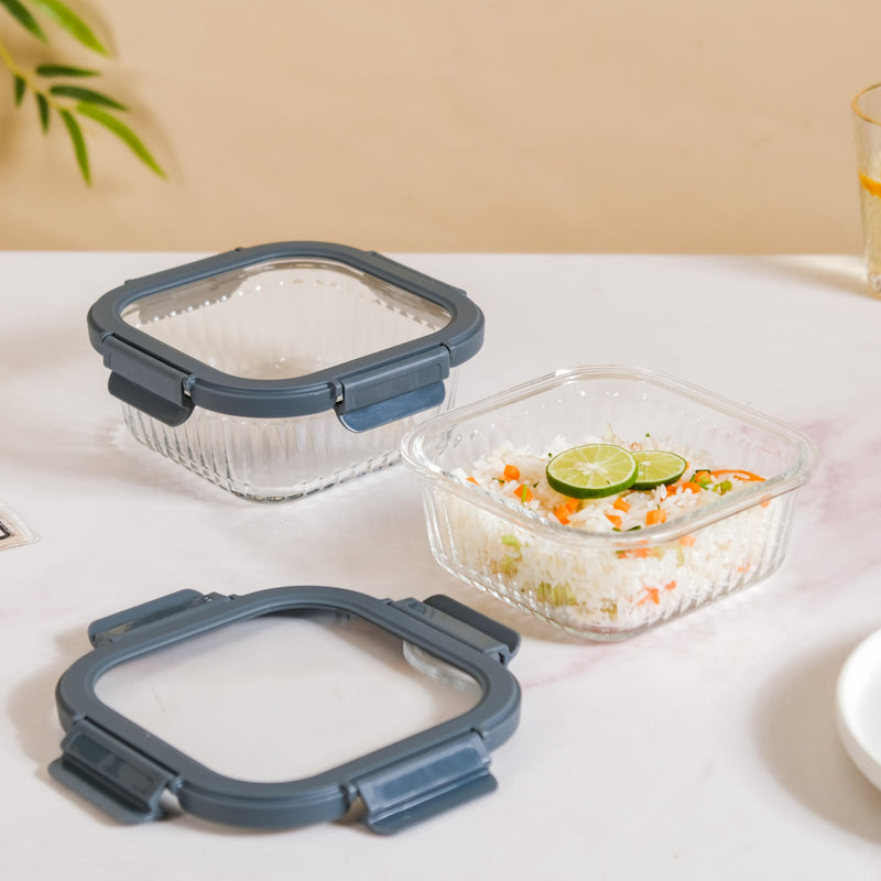 Large Fluted Glass Storage Container With Airtight Lid Set Of 2 800ml