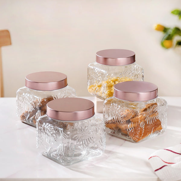 Set Of 4 Monstera Leaf Glass Jar With Rose Gold Lid 1500ml