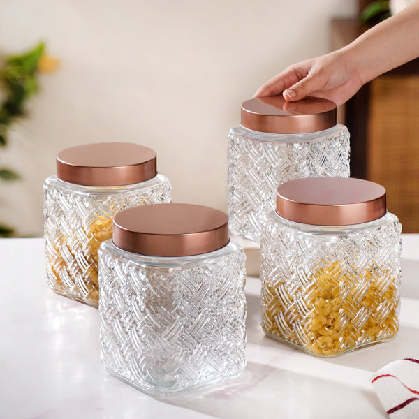 Set Of 4 Textured Glass Jars With Basket Weave 1600ml