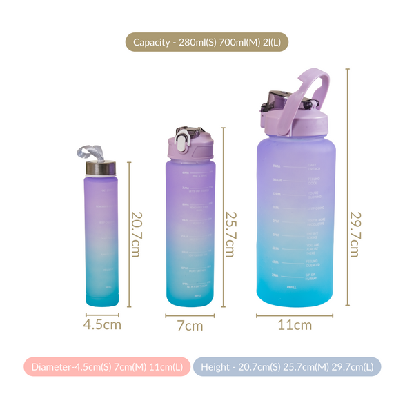 Gym Motivational Water Bottle Set Of 3 Lavender Blue