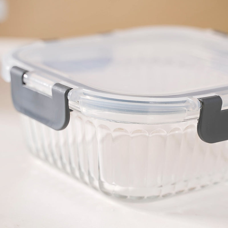 Airtight Glass Food Storage Container Set Of 2 Fluted 300ml