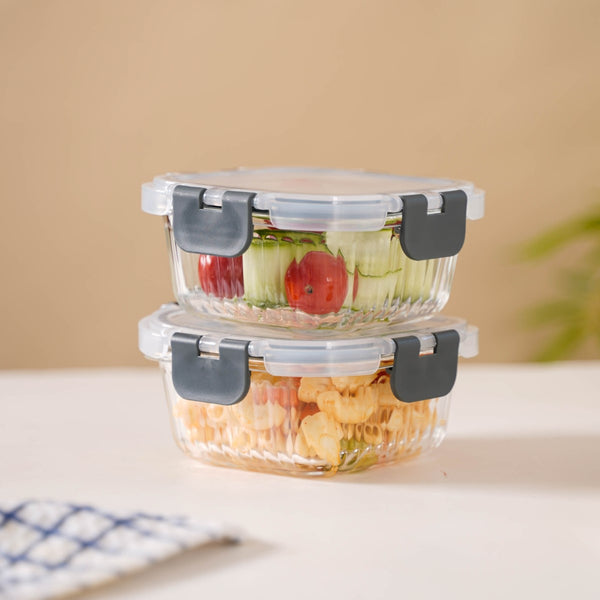 Airtight Glass Food Storage Container Set Of 2 Fluted 300ml