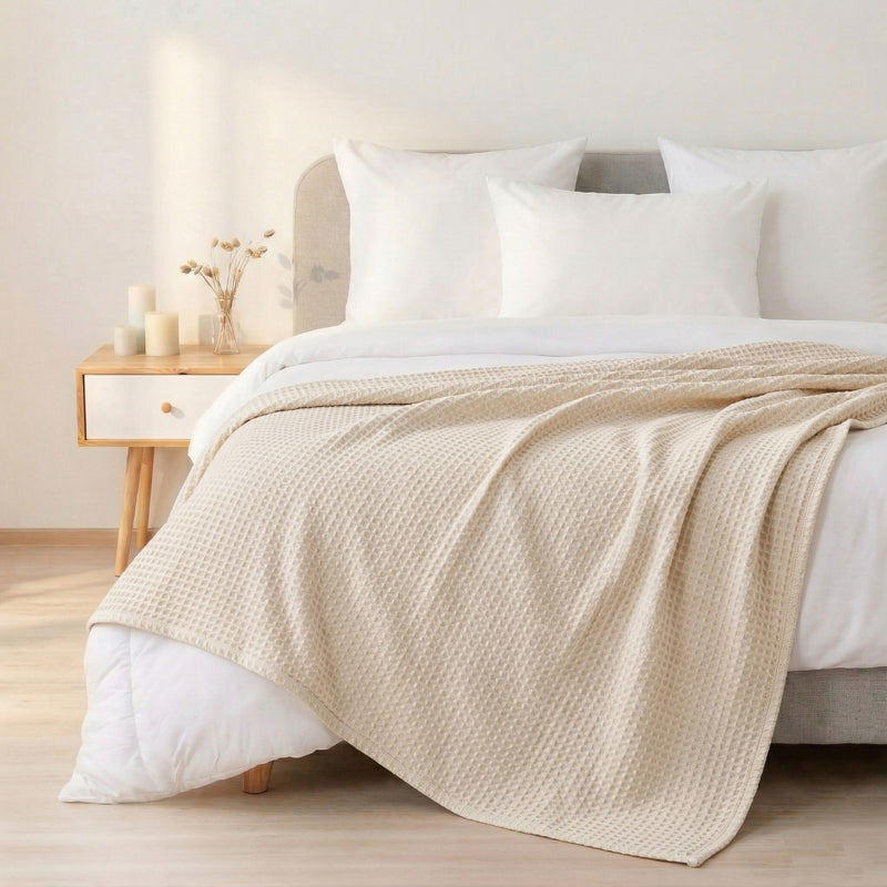 All Season Waffle Sofa Throw Blanket Beige White 220x200cm