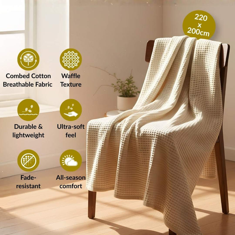 All Season Waffle Sofa Throw Blanket Beige White 220x200cm