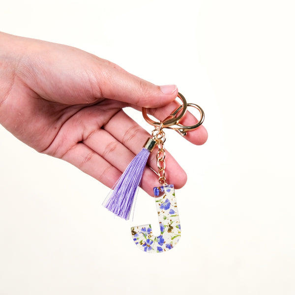 Botanical Harmony Letter J Resin Art Keychain