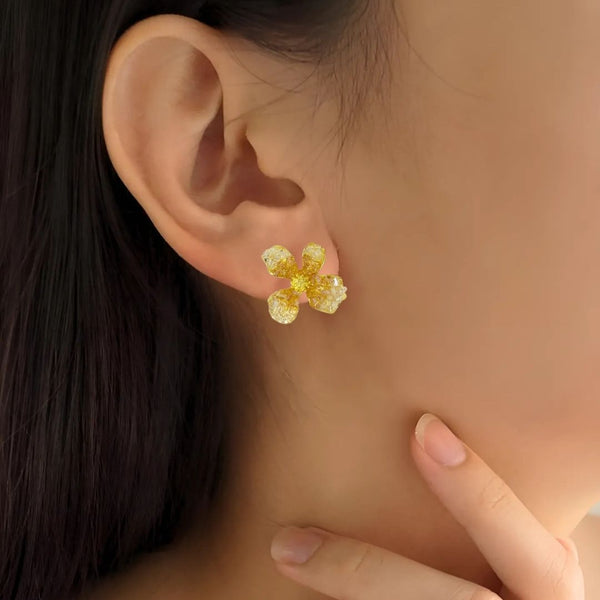 Crystal Textured Amber Floral Stud Earrings