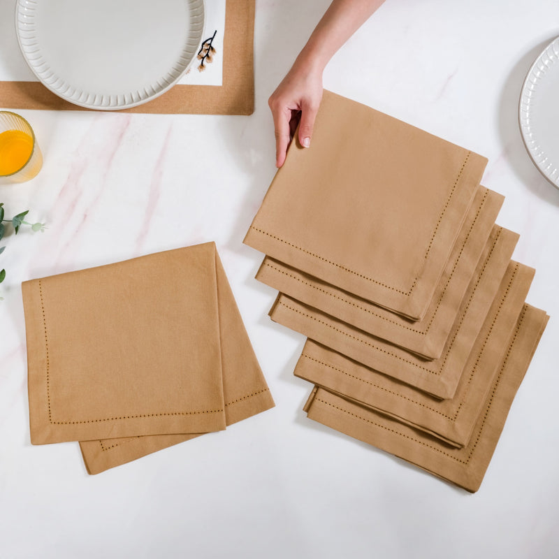 Midori Premium Cotton Hemstitched Dinner Napkins Set Of 6 In Brown