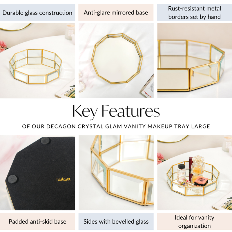Crystal Glam Vanity Makeup Tray Large- Decagon Crystal Tray, Glam Vanity Tray, Large Makeup Tray, Crystal Vanity Tray