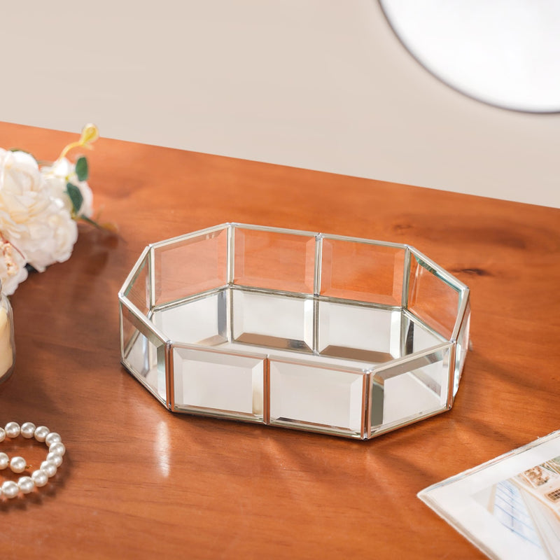 Crystal Mirror Base Vanity Tray Silver Small- Polygon Crystal Vanity Tray, Mirrored Base Tray, Silver Vanity Tray, Decorative Crystal Tray