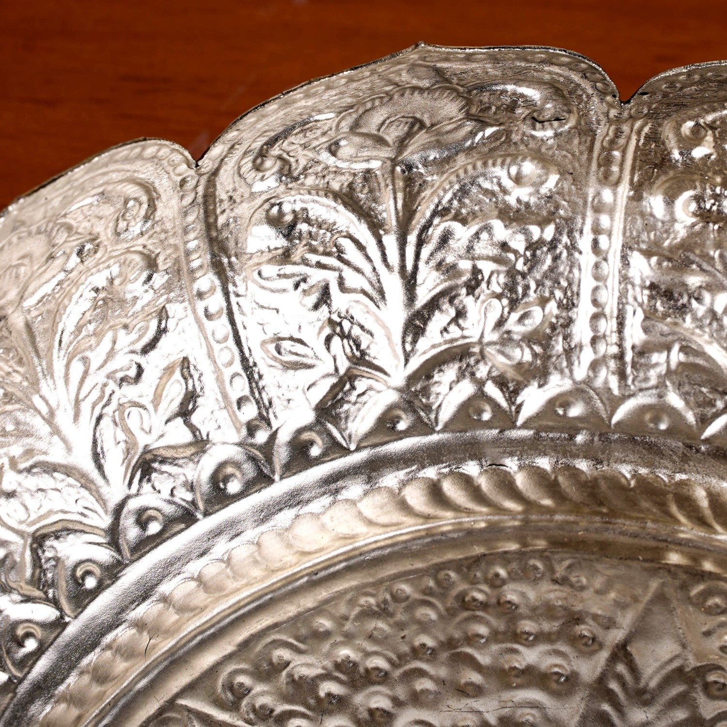 Antique Engraved Pure Brass Urli With Silver Polish 22cm Online
