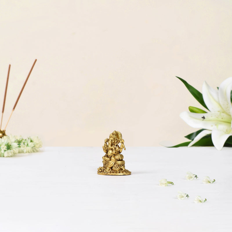 Ganpati Statue With Temple Jewellery Finish 5cm - Ganpati Statue, 5cm Ganpati Idol, Decorative Ganesh Statue, Brass Ganpati with Jewelry