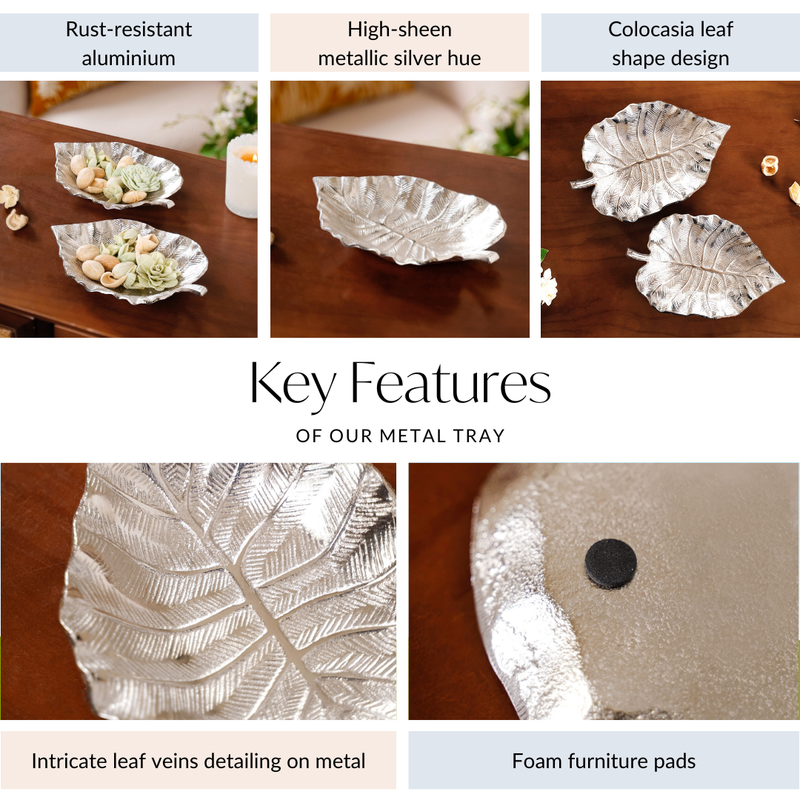 Silver Colocasia Leaf Metal Tray Set Of 2