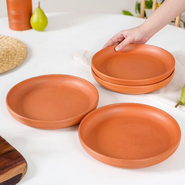 Engraved Terracotta Dinner Plates Set Of 4 9 Inch