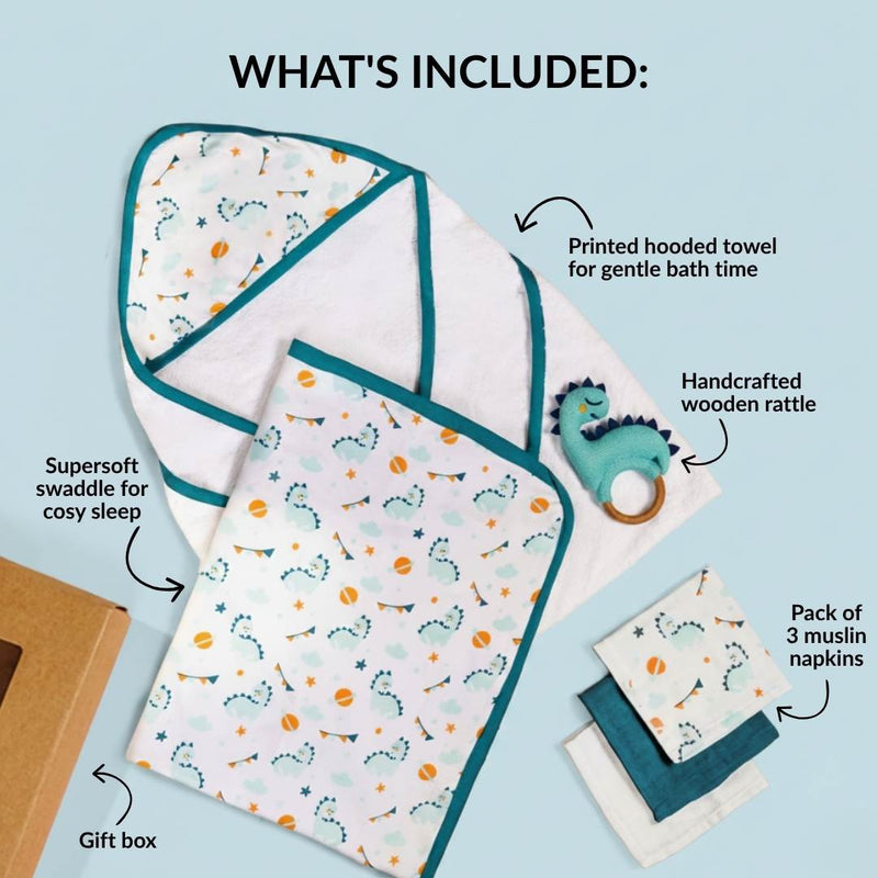 Baby Dino Gift Hamper With Towel Swaddle Napkin Rattle Set Of 6