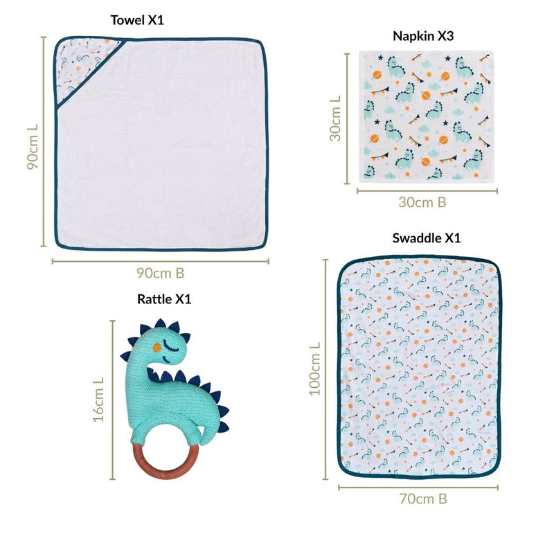 Baby Dino Gift Hamper With Towel Swaddle Napkin Rattle Set Of 6