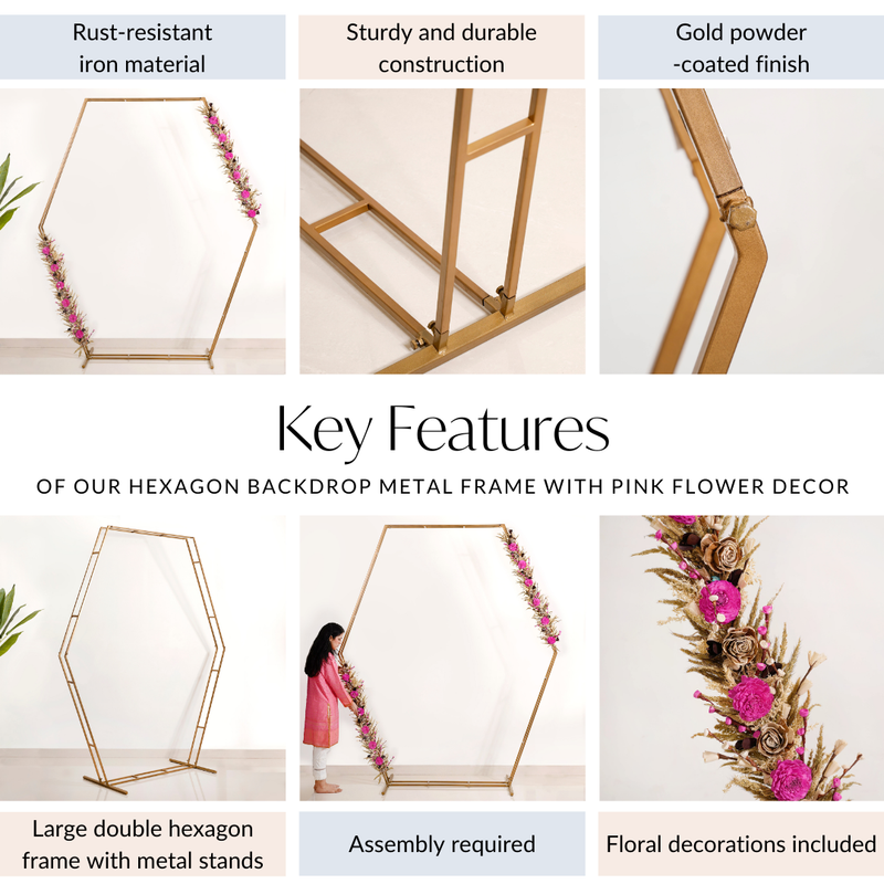 Hexagon Party Decoration Backdrop Metal Frame With Pink Flower Decor