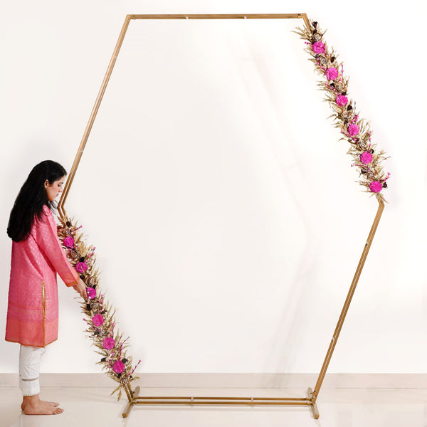Hexagon Party Decoration Backdrop Metal Frame With Pink Flower Decor 100 Inch