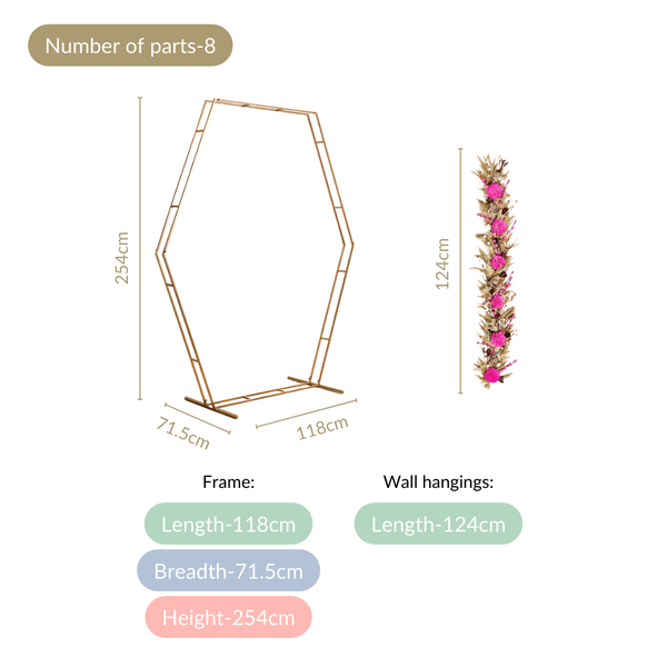 Hexagon Party Decoration Backdrop Metal Frame With Pink Flower Decor 100 Inch