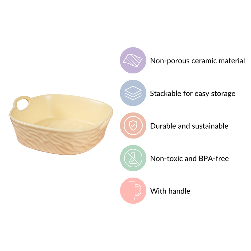 Pastel Baking Serving Bowl With Handle Yellow 800 ml - Serving bowl, yellow bowl, ceramic bowl, microwave safe bowl, bowl with handle