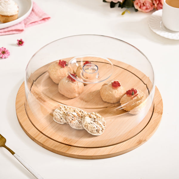 Bamboo Wood Cake Stand With Cloche 25cm