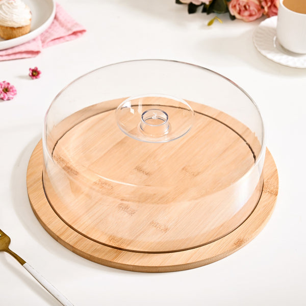 Bamboo Wood Cake Stand With Cloche 25cm