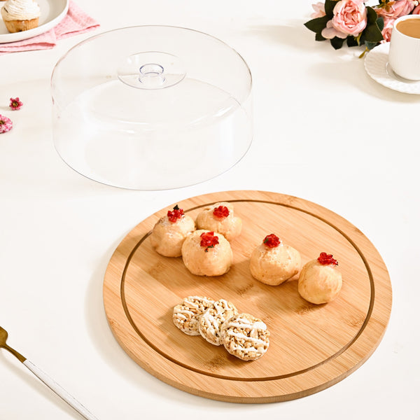 Bamboo Wood Cake Stand With Cloche 25cm