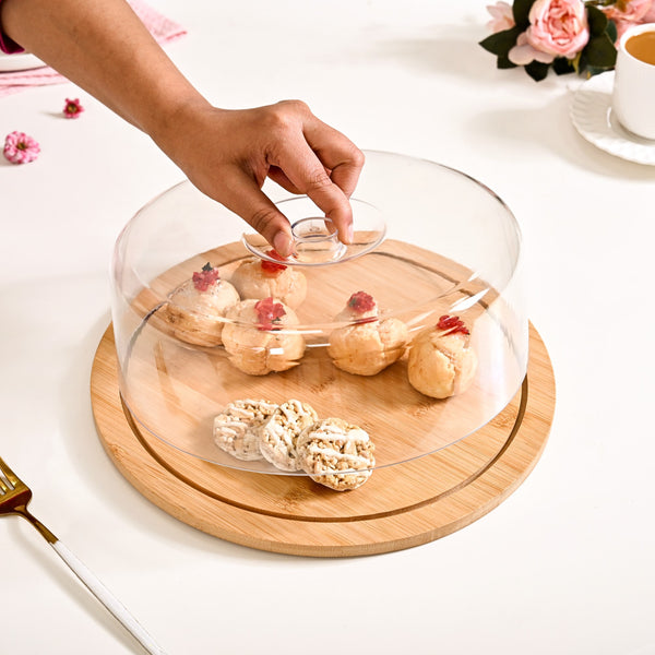 Bamboo Wood Cake Stand With Cloche 25cm