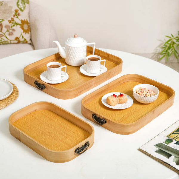 Set Of 3 Bamboo Wood Serving Trays With Handles