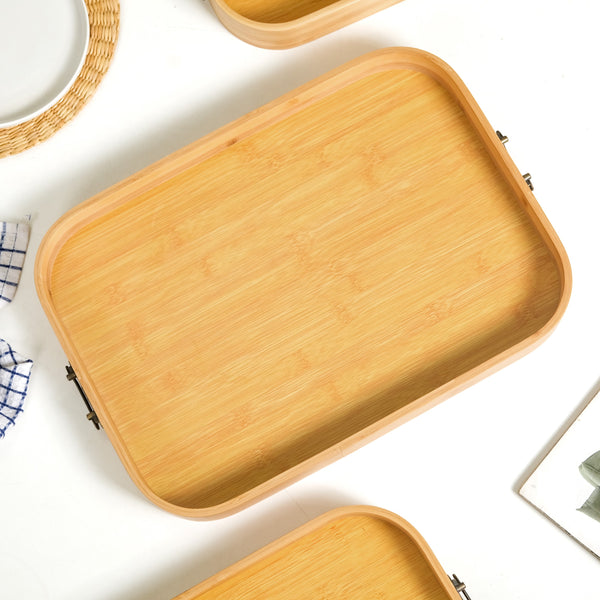 Set Of 3 Bamboo Wood Serving Trays With Handles