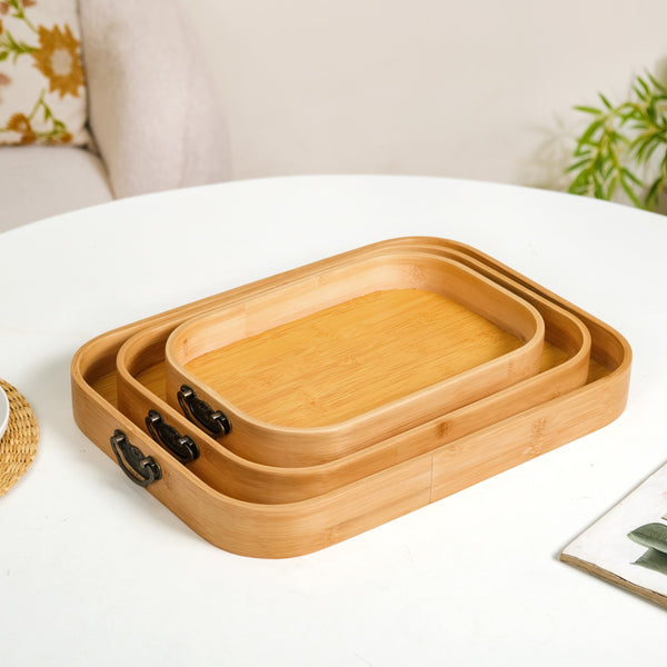 Set Of 3 Bamboo Wood Serving Trays With Handles