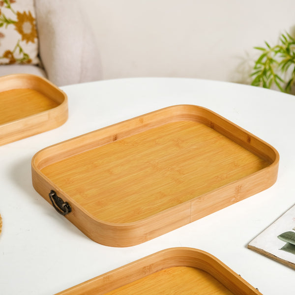 Set Of 3 Bamboo Wood Serving Trays With Handles