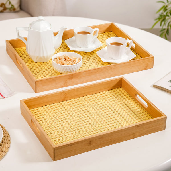 Rattan Weave Bamboo Serving Tray Set Of 2